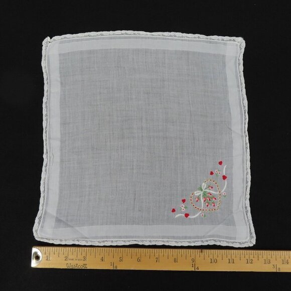 VTG Handmade Embroidered Hearts Rose Flowers Floral Heart Handkerchief Hankie - Picture 5 of 8
